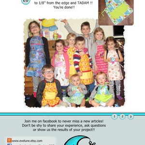 May include: A group of children wearing colorful aprons, with a sample apron in the top right corner. The aprons have various patterns and colors. Text on the image reads, "Make a last seam all around to 1/8" from the edge and TADAM !! You're done!!"