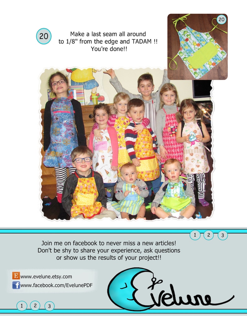 May include: A group of children wearing colorful aprons, with a sample apron in the top right corner. The aprons have various patterns and colors. Text on the image reads, "Make a last seam all around to 1/8" from the edge and TADAM !! You're done!!"