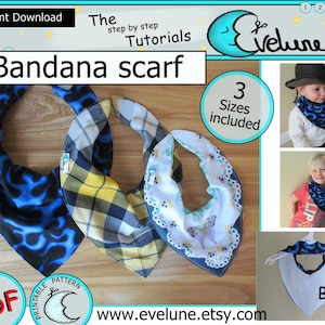 May include: A printable PDF pattern for a bandana scarf with three sizes included. The pattern features a blue and black flame design, a yellow and black plaid design, and a white and blue butterfly design. The pattern is available for instant download.