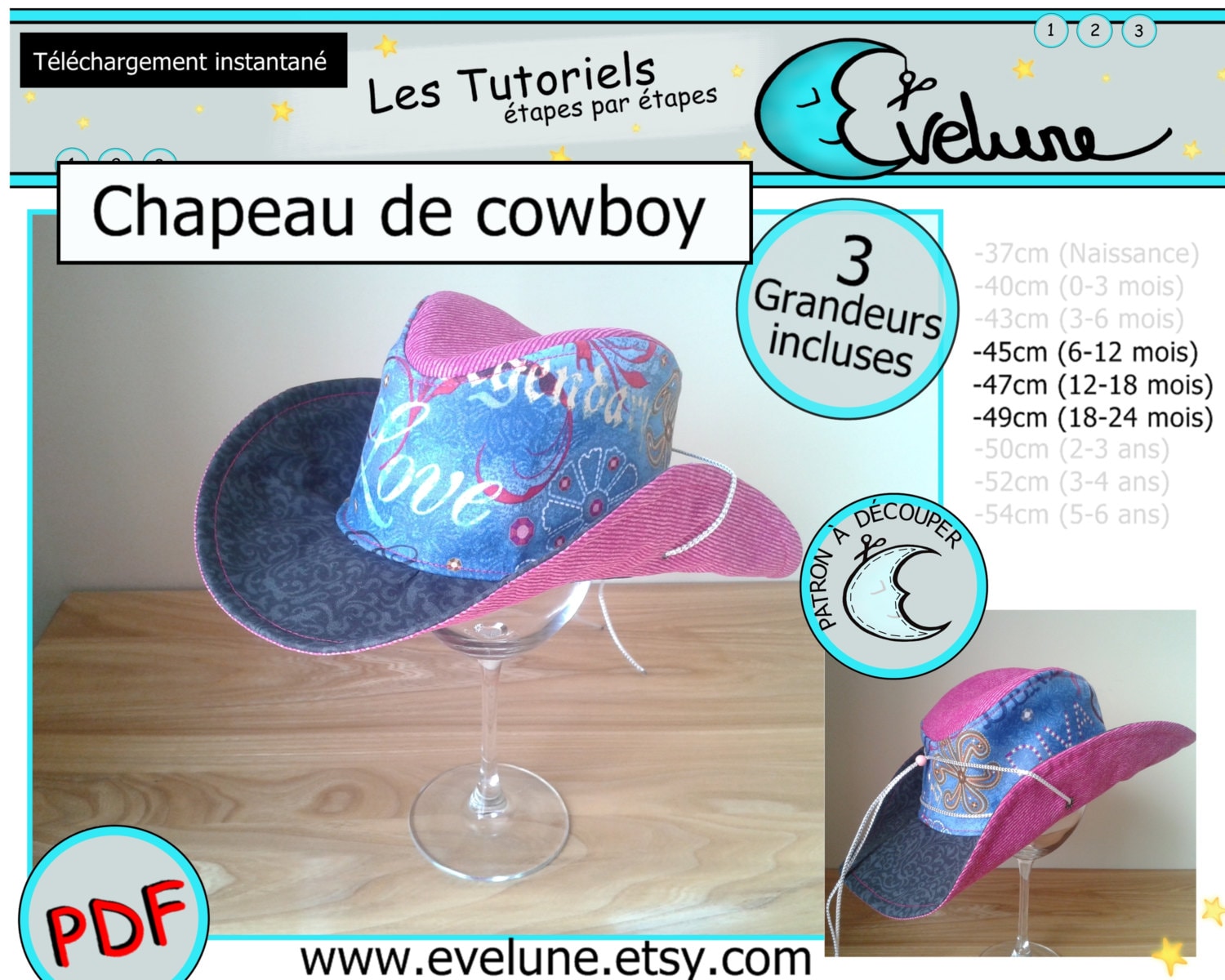 Chapeau De Cowboy Pdf Francais 3 Grandeur Incluses Bebe Etsy Australia