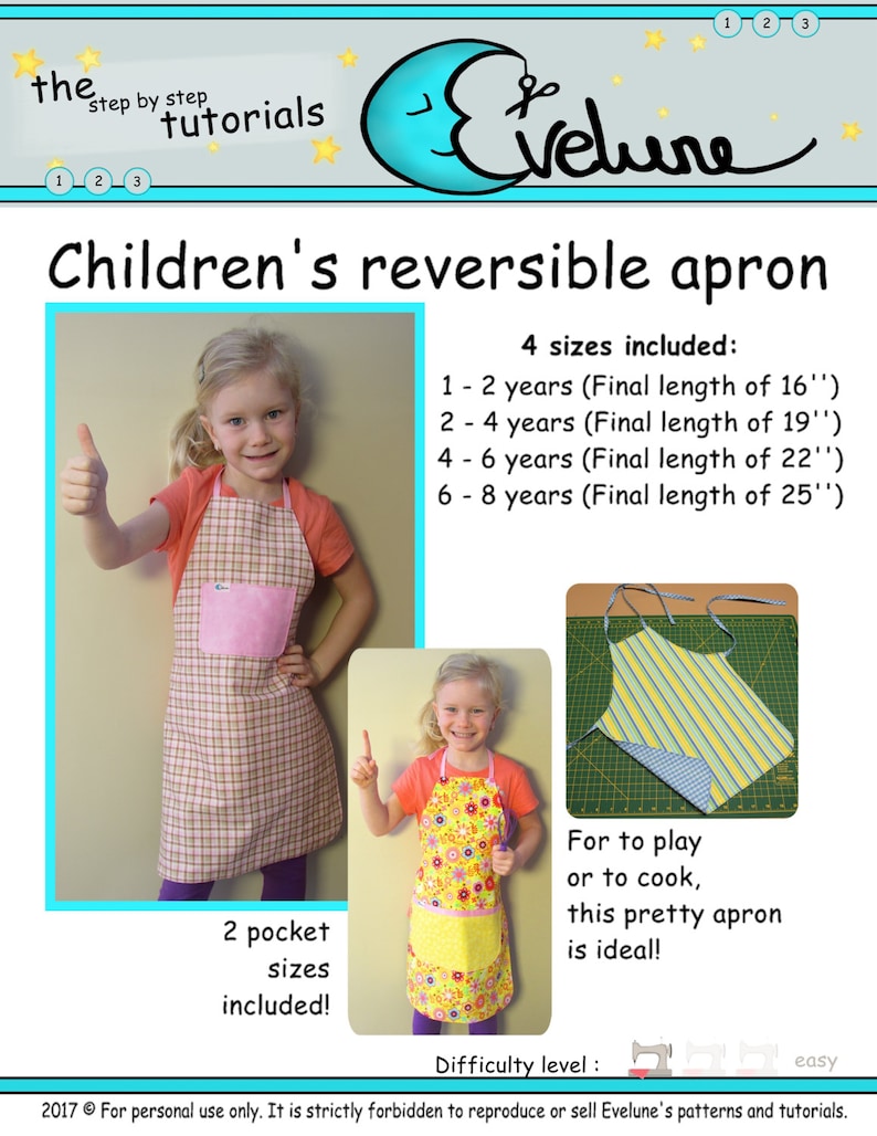 May include: Children's reversible apron pattern with the text "Children's reversible apron". The apron is available in four sizes, with final lengths ranging from 16" to 25". The pattern includes two pocket sizes and is easy to make.
