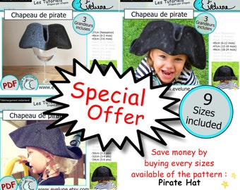 Pirate hat PDF pattern , English , 9 sizes included , tricorn hat , Special offer , halloween pirate costume , jack and neverland pirates