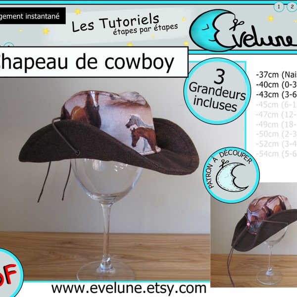 Chapeau de cowboy PDF / Français / 3 grandeur incluses / Bébé / enfant / tissu / couture / patron / turoriel /  baby cowboy hat / DIY