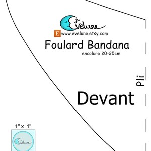 May include: A white paper pattern for a bandana, featuring the text "Foulard Bandana" and "Devant". The pattern includes measurements and the Etsy shop logo. The neck size is indicated as 20-25cm.