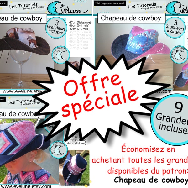 Chapeau de cowboy / PDF Français / 9 grandeur incluses / Chapeau Bébé enfant / patron chapeau / turoriel evelune /  baby cowboy hat /