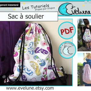 May include: A drawstring shoe bag with a white background and a colorful flip-flop pattern. The bag has black drawstrings and is next to a purple backpack. Text on the image says "Sac à soulier" and "www.evelune.etsy.com".