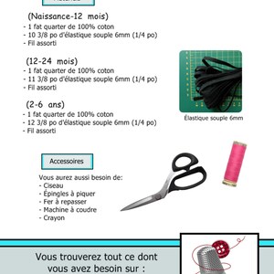 K&ouml;nnte beinhalten: Eine franz&ouml;sischsprachige Liste mit N&auml;hzubeh&ouml;r, einschlie&szlig;lich Materialien und Zubeh&ouml;r. Das Bild zeigt schwarzen Gummi, eine Schere, rosa Faden und eine Website-Adresse. Ma&szlig;e sind in Zoll.