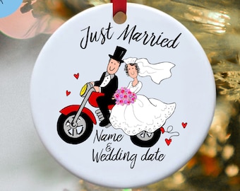 Personalized Christmas ornament for motorcycle wedding couple - Just married ceramic ornament - wedding gift
