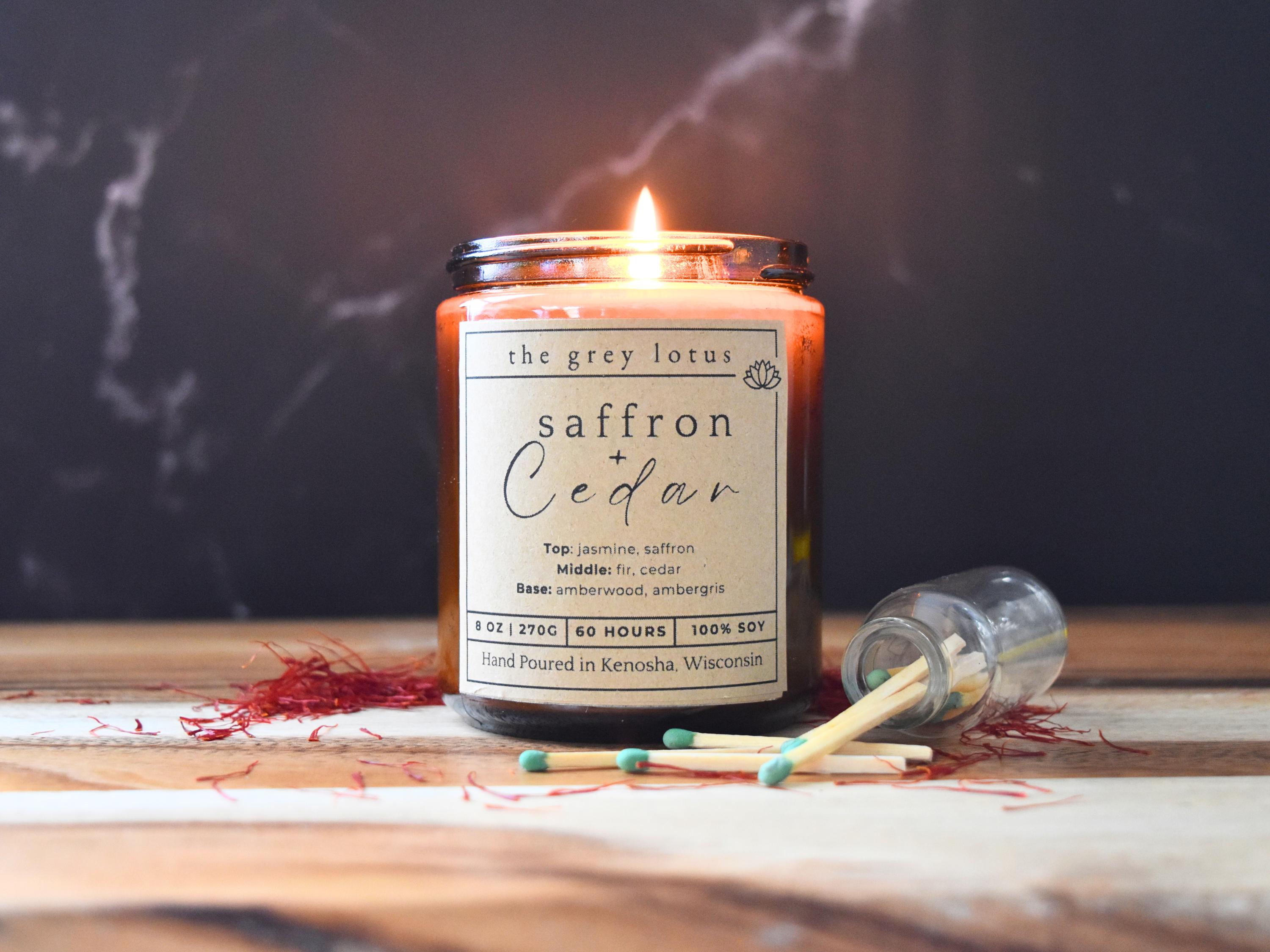 Saffron Cedar Soy Candle: 8 Oz Amber Jar, Scented Décor - Etsy