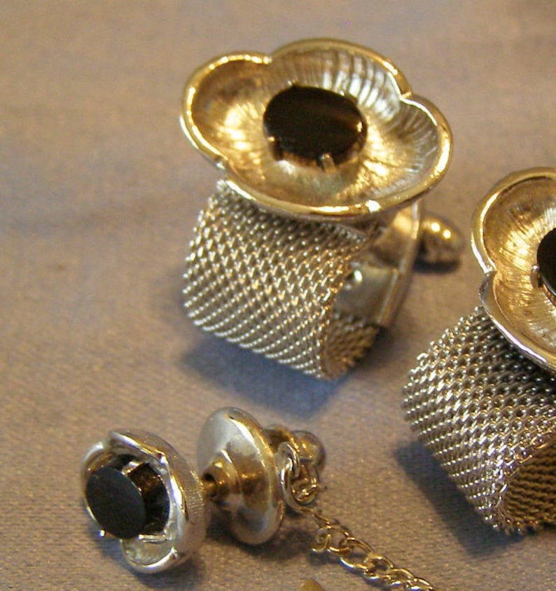 mens Fashion Wedding Jewelry vintage SEA SHELL shape Tie Tack and Meshwrap Cufflinks Nautical Cufflinks Black Onyx Stone on silver Finish