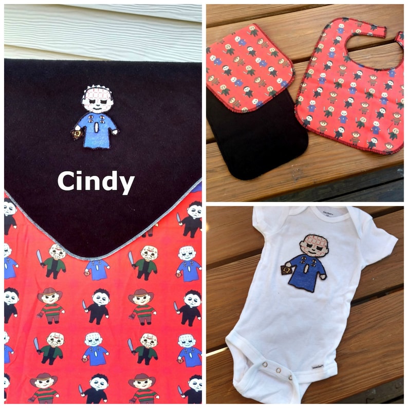 Blanket Onesie Bib and Burp Cloth Custom Made Pinhead Horror Inspired Baby Gift Set