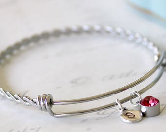Twisted Bangle Bracelet - Personalized Bangle - Personalized Bridesmaid Gift - Birthstone Bracelet - Everyday Bracelet - Gift Under 25
