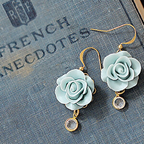 Romantic Rose Jewelry - Blue Rose Dangle Earrings - Bridesmaids Flower Earrings - Bride Flower Earrings - Something Blue Earrings