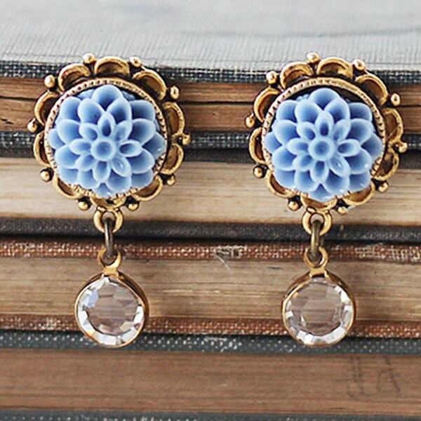 Flower Gold Studs - Bridesmaids Flower Earrings - Something Blue  Earrings - Gift for Her Under 25 - Dangle Earrings for Mom - Blue Studs