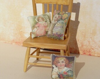 Dollhouse Easter Bunny Set of Three Pillows, Miniature Easter Postcard Pillows