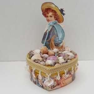 Sailor&#39;s Valentine Decoupage and Embellished Heart Box, Victorian Shell Box, Embellished Heart Small Jewelry Box, Decoupage Shell Box