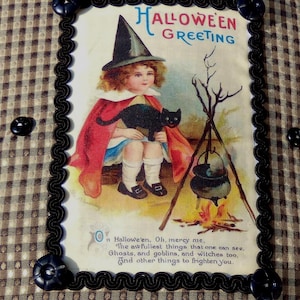 Witch and Cat Halloween Pillow, Vintage Halloween Postcard Image Pillow, Victorian Witch Pillow. Girl Halloween Witch Pillow
