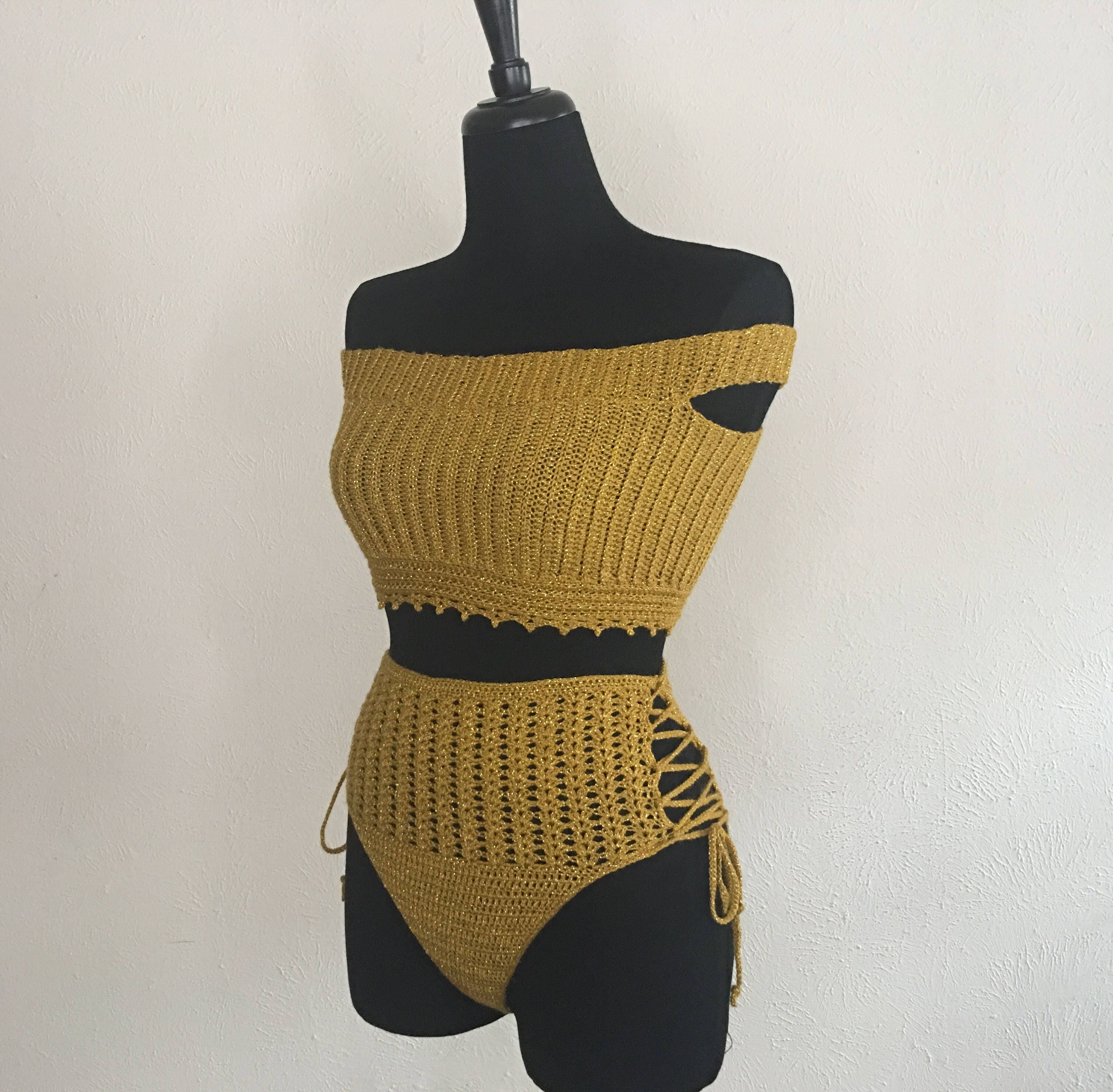 Crochet Off The Shoulder Bikini Crochet Gold Bikini Crochet Etsy