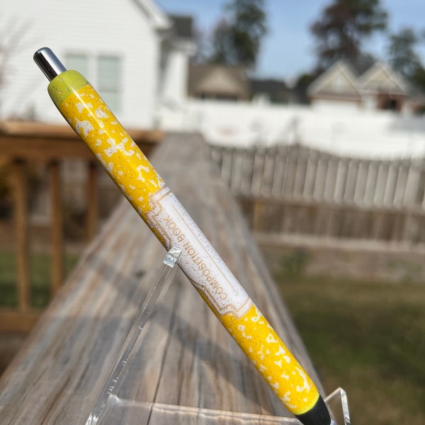 Yellow Marbled Composition Book Themed Epoxy Pen with Refill - Black Gel Ink.- Reusable