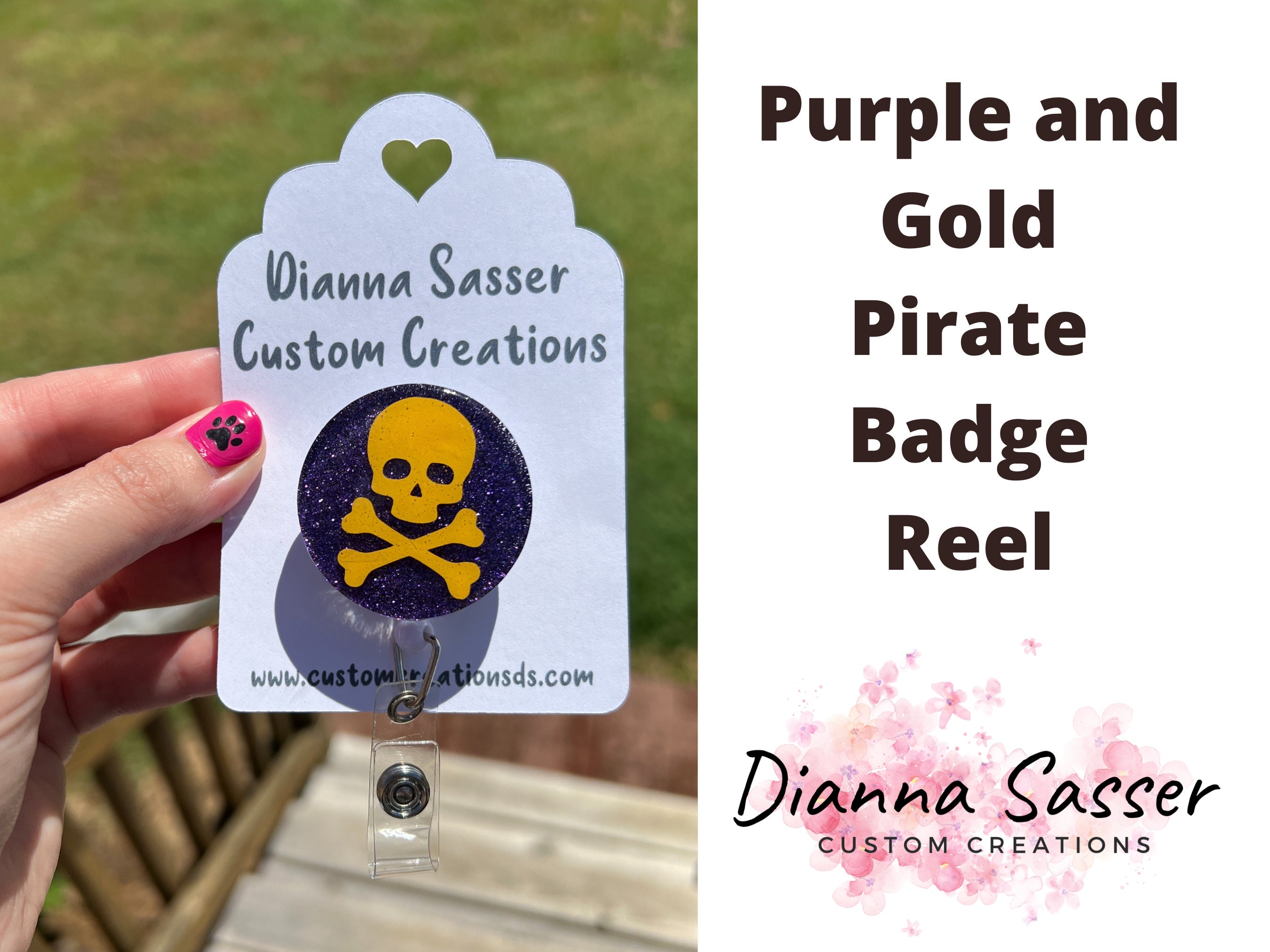Pirate Jolly Roger Purple and Gold Retractable Badge ID Reel