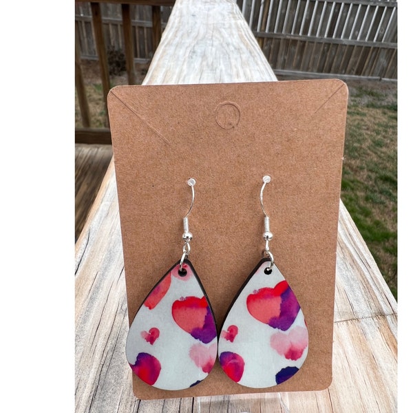 Pink, Purple Watercolor Heart Earrings with Sterling Silver Hooks, Double-Sided