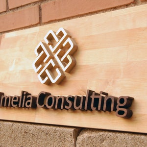 May include: A wooden sign with the text "Amelia Consulting" in raised brown letters. A white and gold geometric design is above the text.