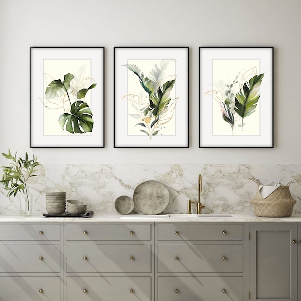 Tropisches botanisches Aquarell Wand Kunstdruck Set. Farn, Monstera Palmblätter. Grünes Blatt abstrakte Aquarell-Wohnkultur-Drucke.