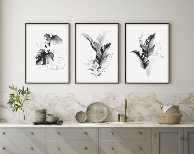 Black and White Botanical Wall Art Prints Set of 3x Monstera Fern Palm