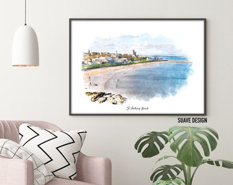 St. Andrews Beach Watercolour Wall Art, Memorabilia, Giclee Gift Poster Painting, Souvenirs from Home of Golf Scotland