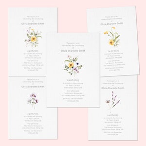 Invitaciones a Ceremonia de Bautizo, Bautismo, Sagrada Comunión, Confirmación, Nombramiento. Invitaciones de diseño floral. Tarjeta con textura de lino