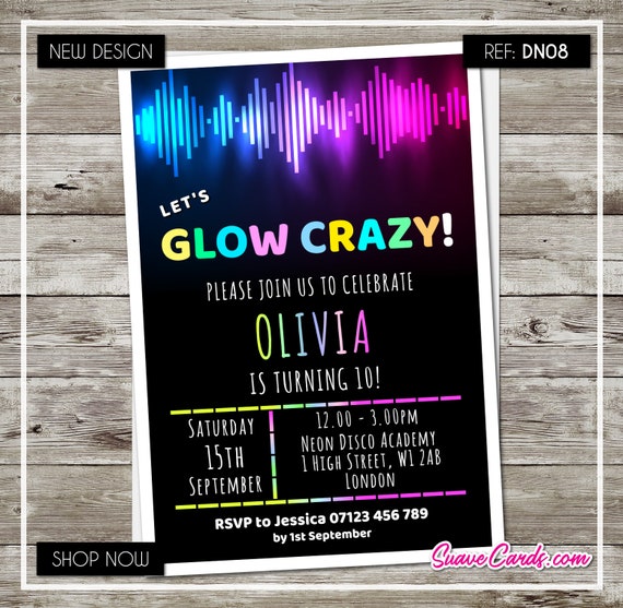 UV Neon Glow Disco Invitations for Birthday Party Invites Personalised