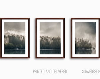 Forest Lake Drucke Set: Neblige Berge Skandinavische Landschaft