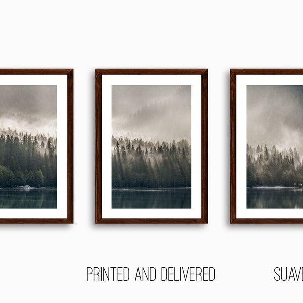 Mountain Prints Set of 3 Forest Wall Art Green Foggy Lake Tree Print Misty Scandinavian Woods - Lake Landscape Unframed Imprimé et expédié