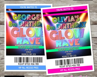 Glow Neon UV Disco Rave Invitations. Personalised Birthday Party VIP Pass Concept. Printed or PDF Printable