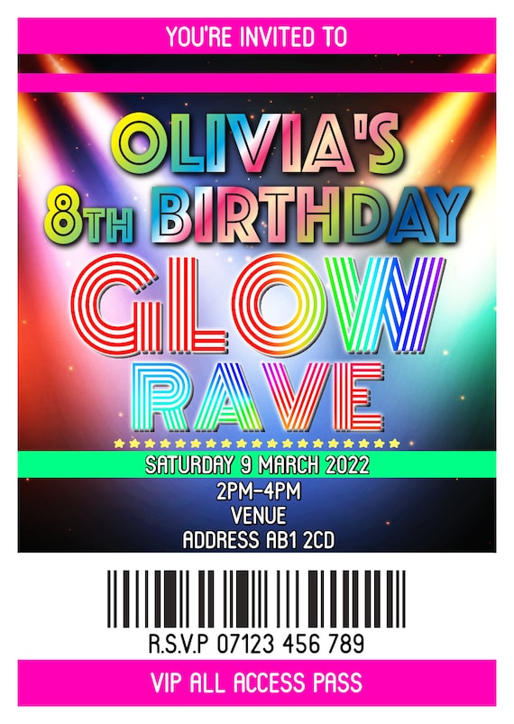 Disco Birthday Invitations Party Invites Boy Girl Personalised Neon UV GLOW 