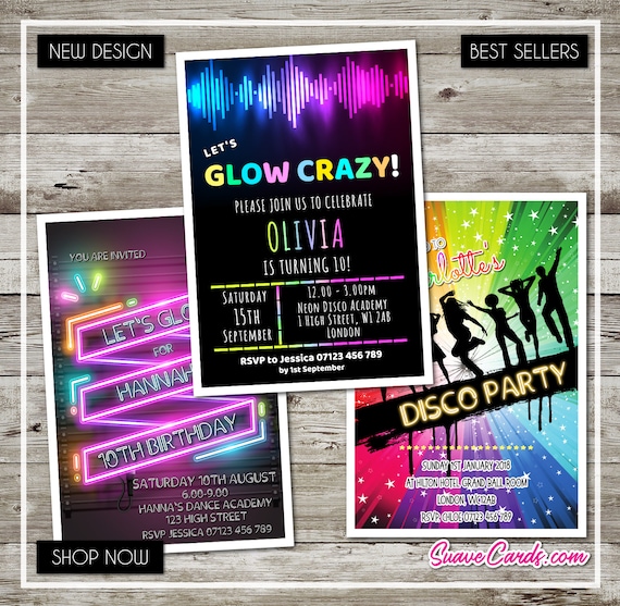 Birthday Disco Thank You Cards or Invitations Party Invites GLOW Dance Neon UV