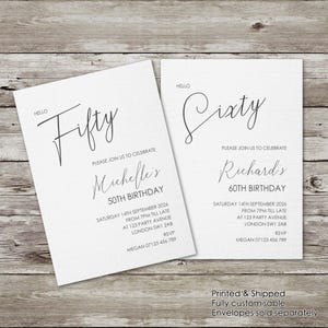 Invitations de fête d'anniversaire minimalistes, fête d'étape, personnalisées pour tout âge, 40e 50e 60e 70e anniversaire à télécharger ou à imprimer