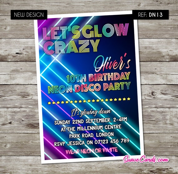 Birthday Disco Thank You Cards or Invitations Party Invites GLOW Dance Neon UV
