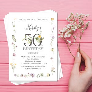 Convites de aniversário, convites para festas, marcos, design clássico de flores silvestres para qualquer idade, 40º, 50º, 60º, 70º, 80º aniversário, download ou impressão