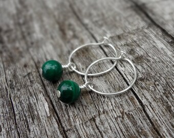 Malachite Earring Charms. Dainty Green Malachite and Sterling Silver Gemstone Hoop Earrings Handmade in Australia by Miss Leroy