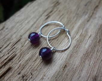 Amethyst Earring Charms. Dainty Purple Amethyst and Sterling Silver Gemstone Hoop Earrings Handmade in Australia by Miss Leroy