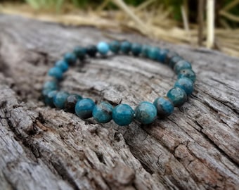 Apatite Bracelet. Natural Teal Blue Dainty Stretch Bracelet Handmade in Australia by Miss Leroy.