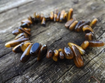 Tiger Eye Chip Bracelet. Boho Brown Gold Elastic Statement Bracelet Handmade in Australia by Miss Leroy