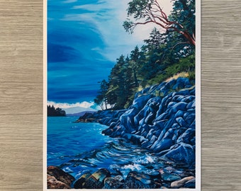 May include: A coastal landscape print featuring a vibrant scene of a rocky shoreline and ocean waves. The artwork showcases a dramatic sky with shades of blue and white, complemented by lush green trees and a reddish-brown tree branch.