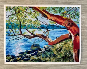 May include: A landscape print featuring a vibrant red-barked tree extending over a blue lake. The artwork showcases a detailed depiction of the tree's branches, green foliage, and the rocky shoreline. The water reflects sunlight, creating a shimmering effect.