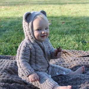 Crochet PDF Pattern, Bayleigh Bear Suit, Baby Romper, Coverall, Sleeper Not a finished Product image 1