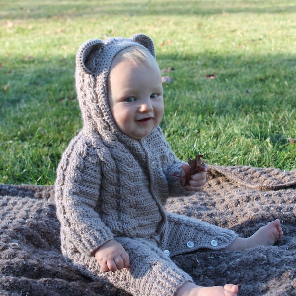 Crochet PDF Pattern, Bayleigh Bear Suit, Baby Romper, Coverall, Sleeper - Not a finished Product