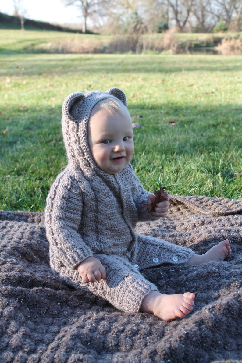 Crochet PDF Pattern, Bayleigh Bear Suit, Baby Romper, Coverall, Sleeper Not a finished Product image 1