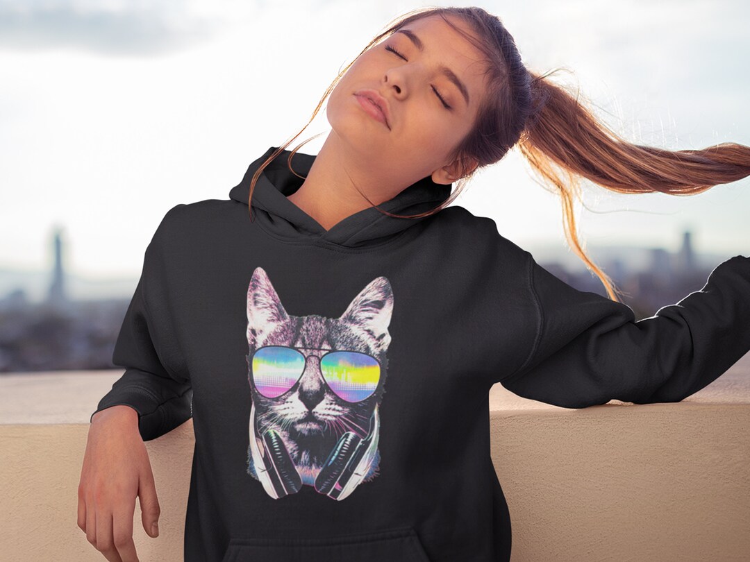 Hoodie Dj Kitty Cat Hooded Jacket Sweatshirt Rave Cat Etsy