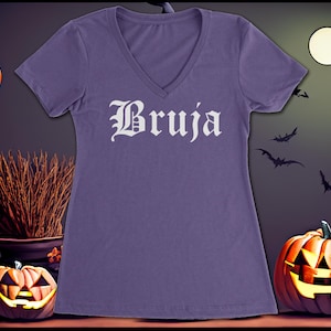 Bruja Damen T-Shirt mit V-Ausschnitt, Halloween Hemden, Gothic Spanische Hexe T-Shirt, lustiges Halloween Hemd für Frauen, Herbst Stil, gruselige Saison Hemd